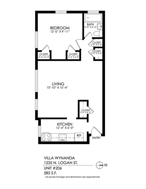 A floor plan for a villa in Wynanda, showing a bedroom, living room, and kitchen.
